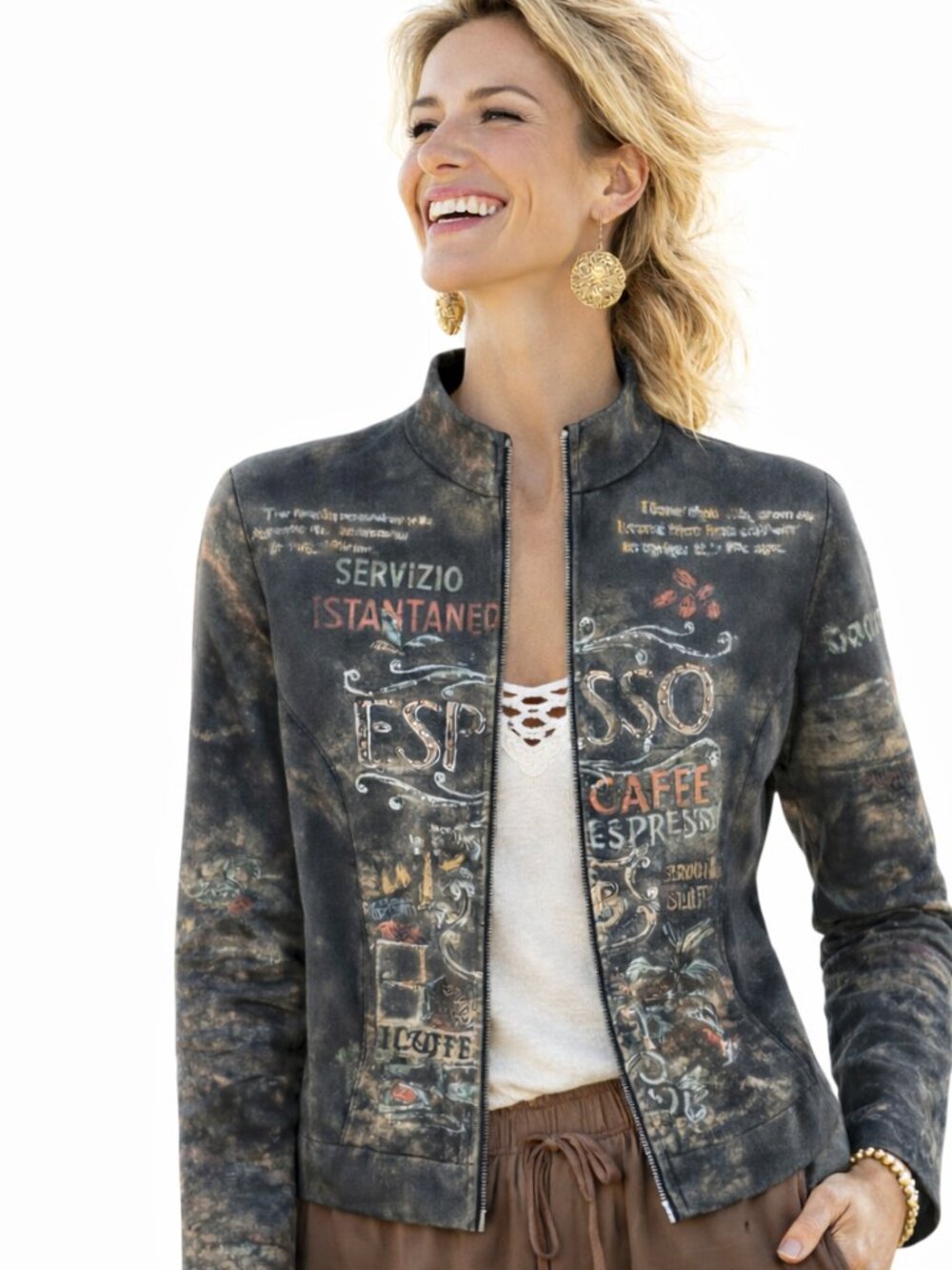 Artistic Espresso Print Jacket, Zip Front, Unique Graphic, Statement Piece